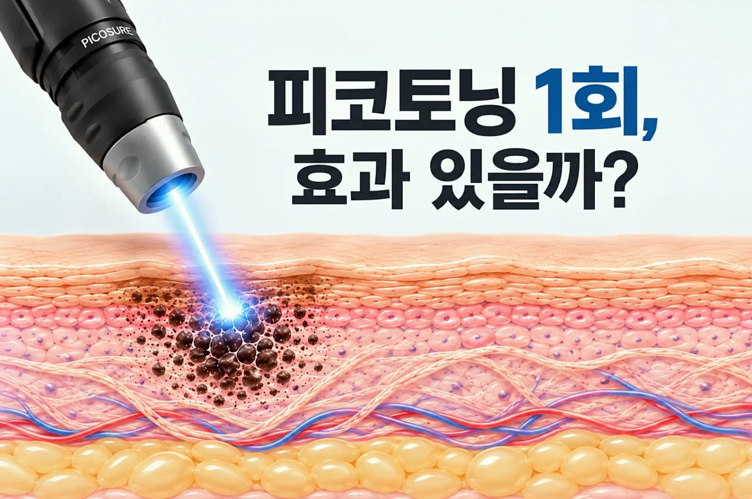 피코토닝 레이저 빛으로 기미 색소가 미세 입자로 분해되는 모습을 보여주는 피코토닝 1회 효과 썸네일