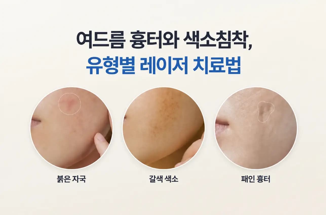 붉은 자국과 갈색 색소, 패인 흉터 피부를 나란히 담은 여드름 흉터 색소 침착 레이저 썸네일