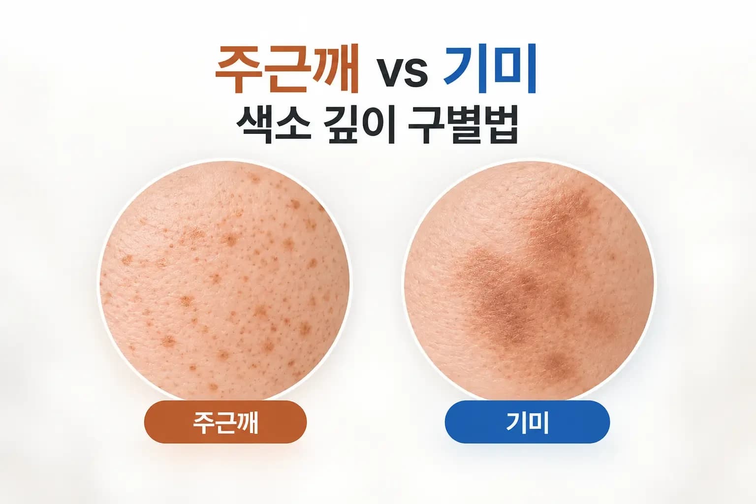 주근깨가 모인 볼과 기미가 번진 광대 피부를 색소 깊이 단면으로 비교한 기미 주근깨 제거 썸네일